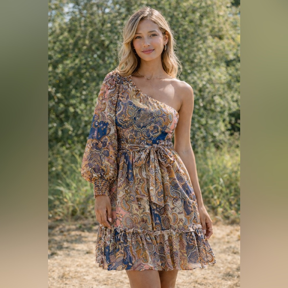 VENUS One-Shoulder Paisley Dress in Blue and Brown